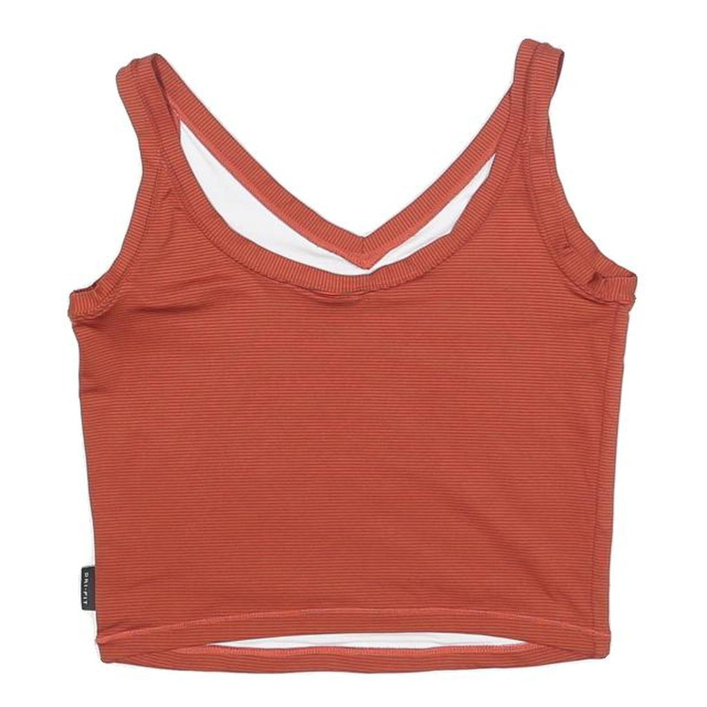 NIKE Womens Red Orange Ribbed Crop Top Sleeveless V-Neck L Swoosh Embroidered