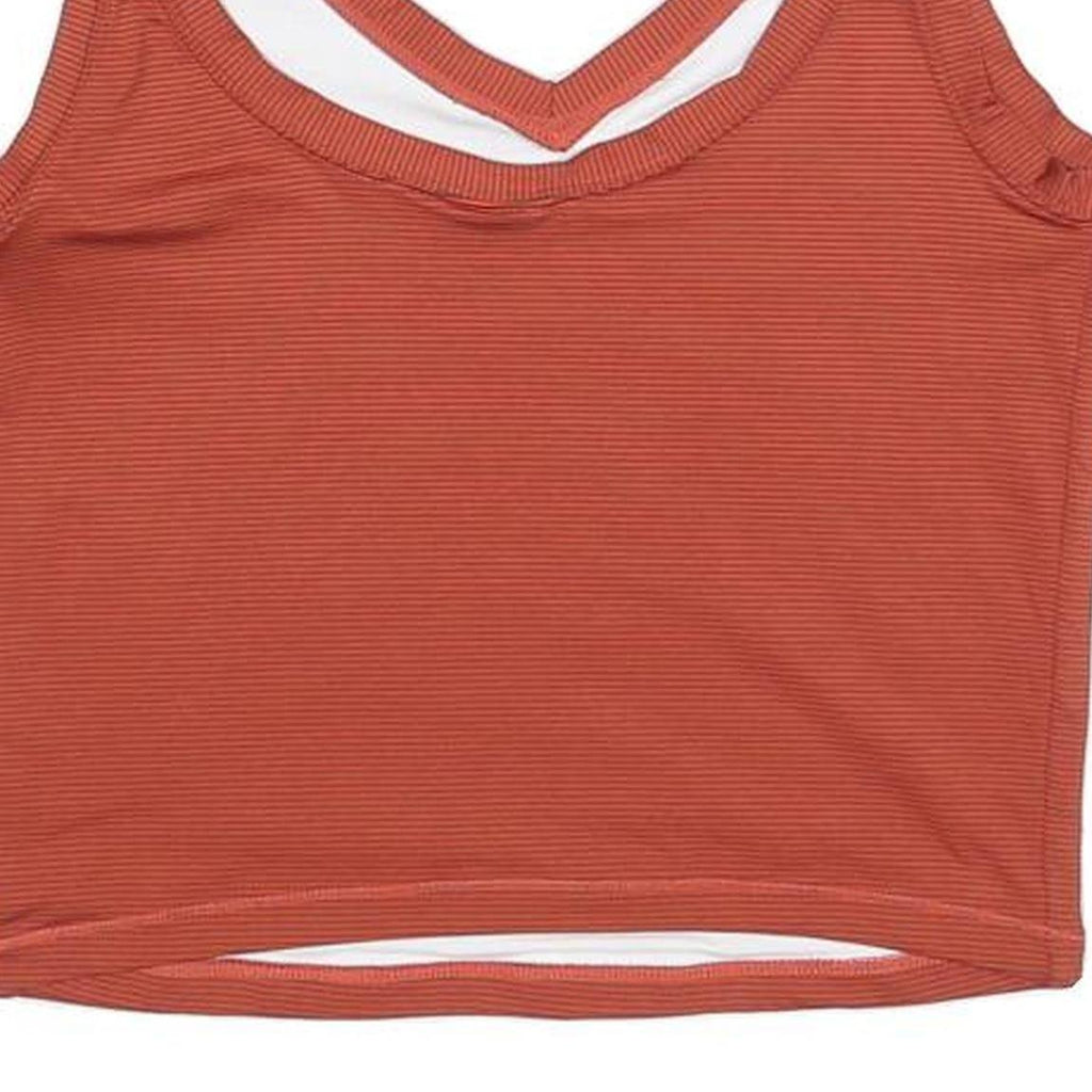 NIKE Womens Red Orange Ribbed Crop Top Sleeveless V-Neck L Swoosh Embroidered