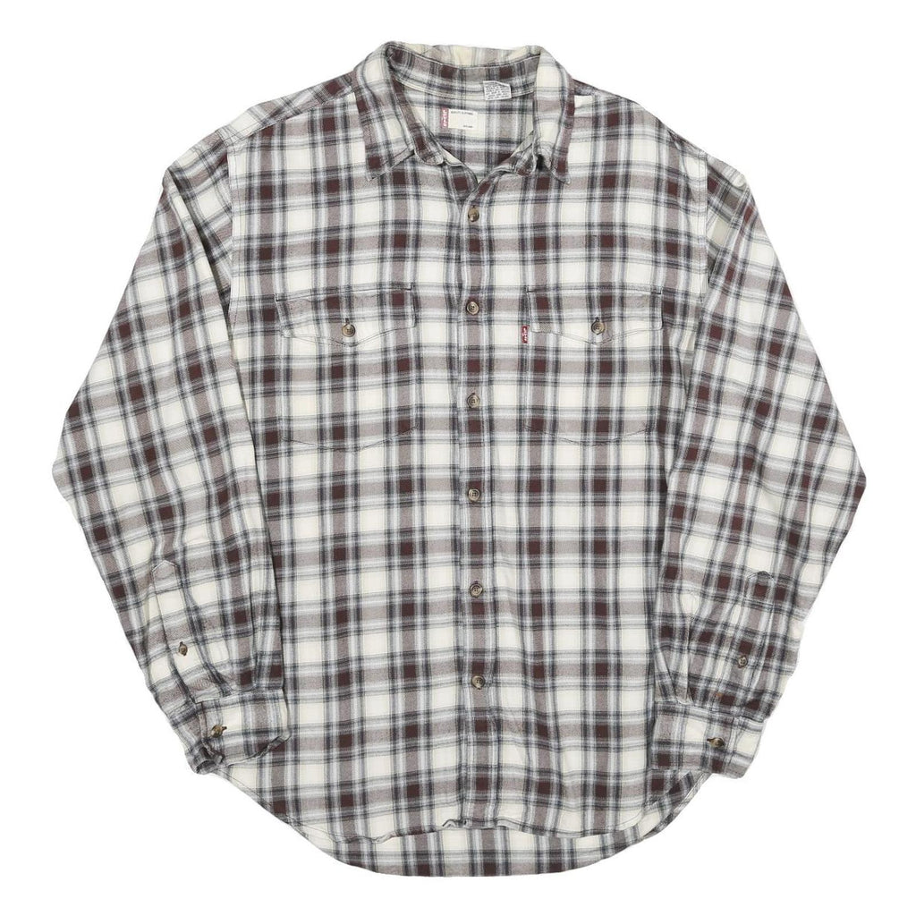 LEVI'S Mens White & Brown Plaid Cotton Blend Shirt M Classic Fit Casual Workwear
