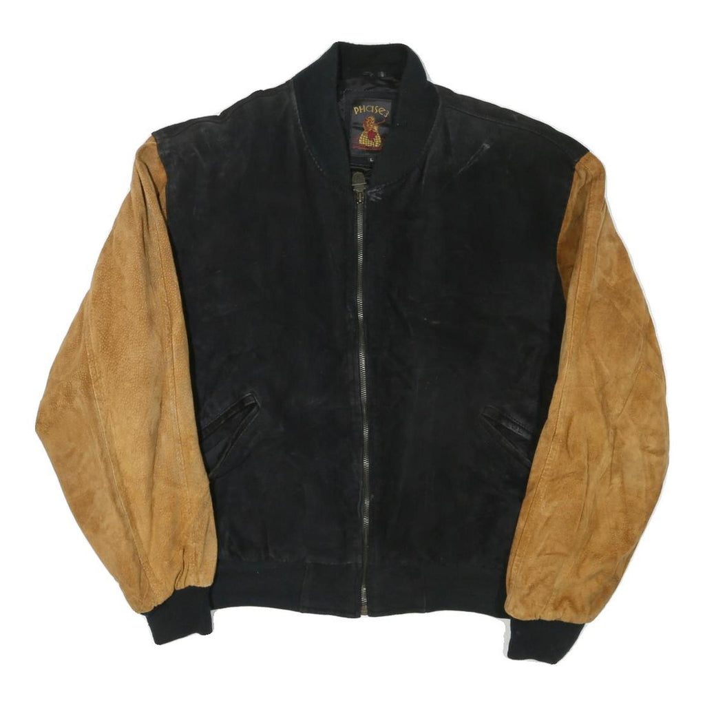PHASE EIGHT Mens Black & Brown Leather Bomber Jacket L Suede Zip Closure