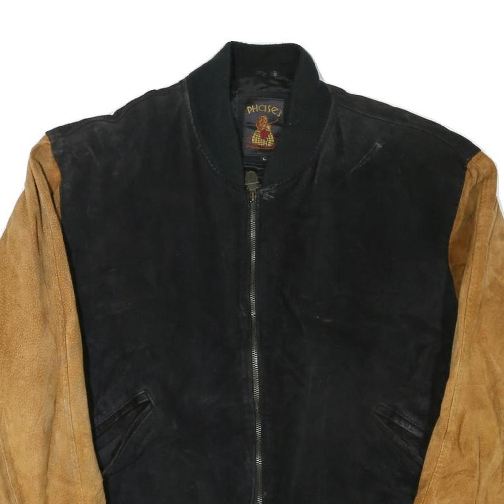 PHASE EIGHT Mens Black & Brown Leather Bomber Jacket L Suede Zip Closure