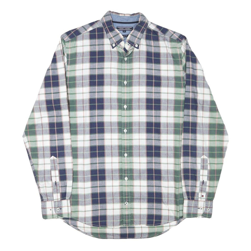 TOMMY HILFIGER Mens Blue & Green Check Shirt M Classic Cotton Blend Long Sleeve