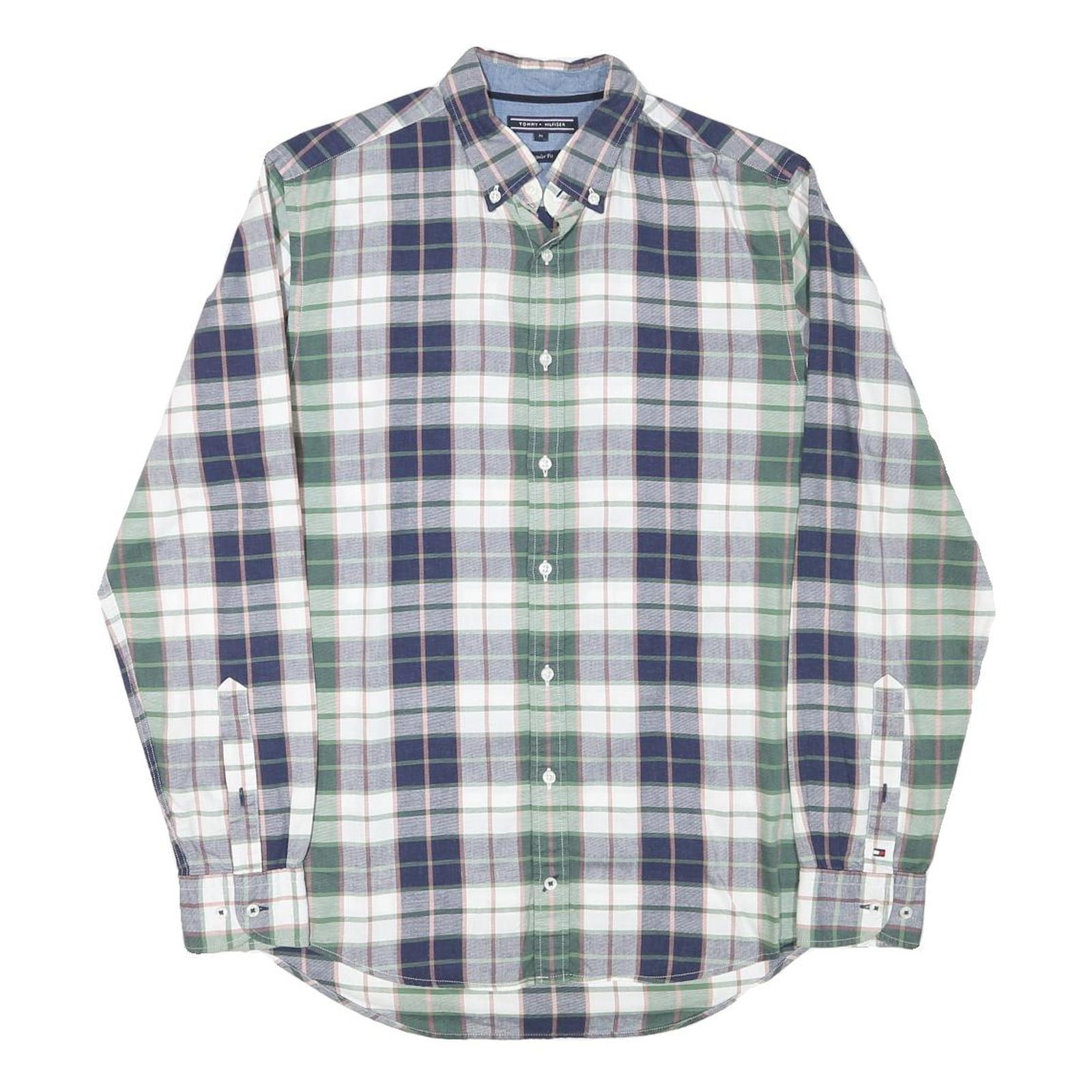 TOMMY HILFIGER Mens Blue & Green Check Shirt M Classic Cotton Blend Long Sleeve