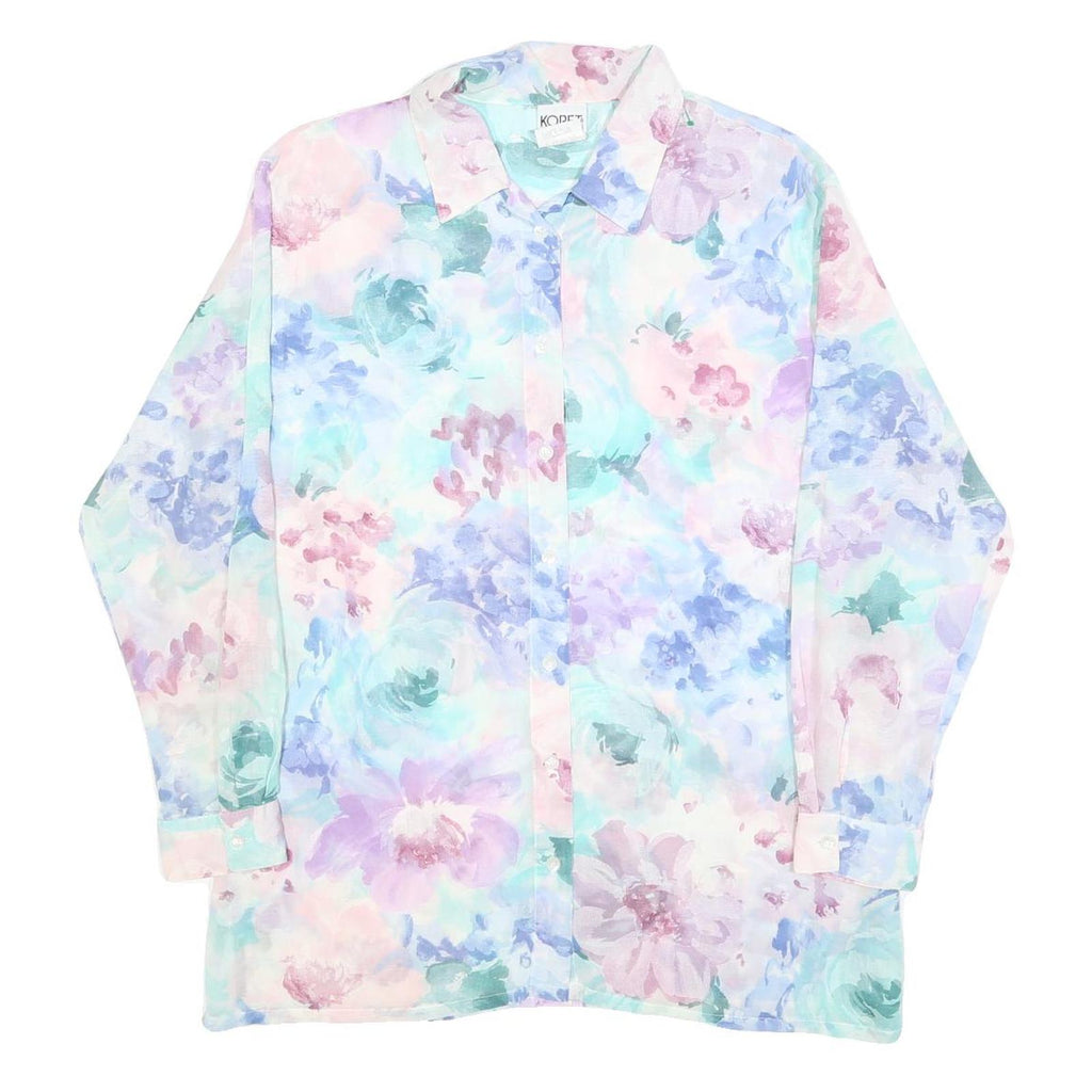 KORET Womens Pastel Blue & Pink Floral Shirt Long Sleeve Collared L Blouse