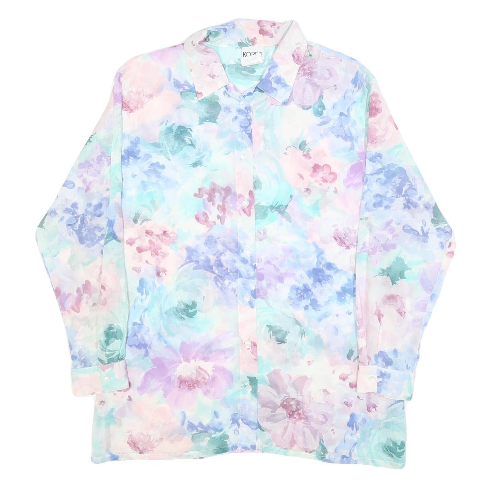 KORET Womens Pastel Blue & Pink Floral Shirt Long Sleeve Collared L Blouse