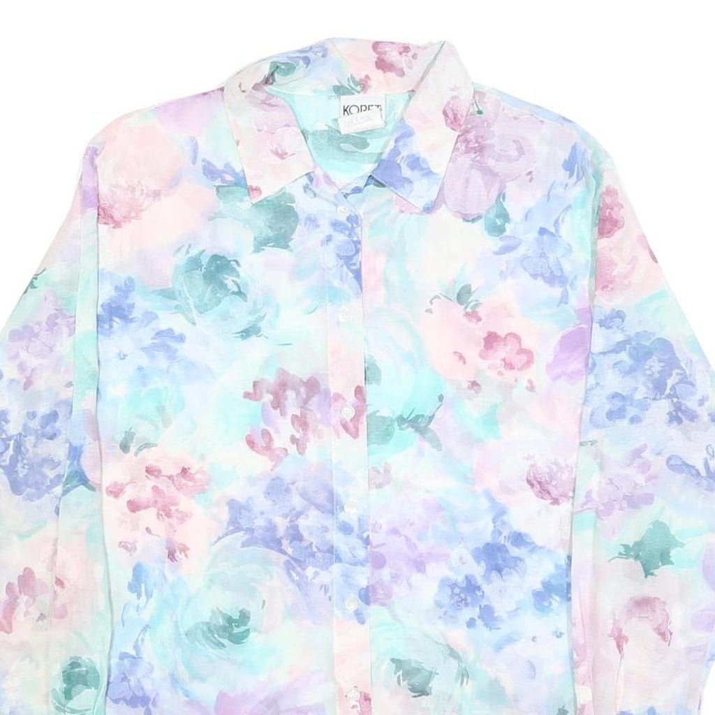 KORET Womens Pastel Blue & Pink Floral Shirt Long Sleeve Collared L Blouse