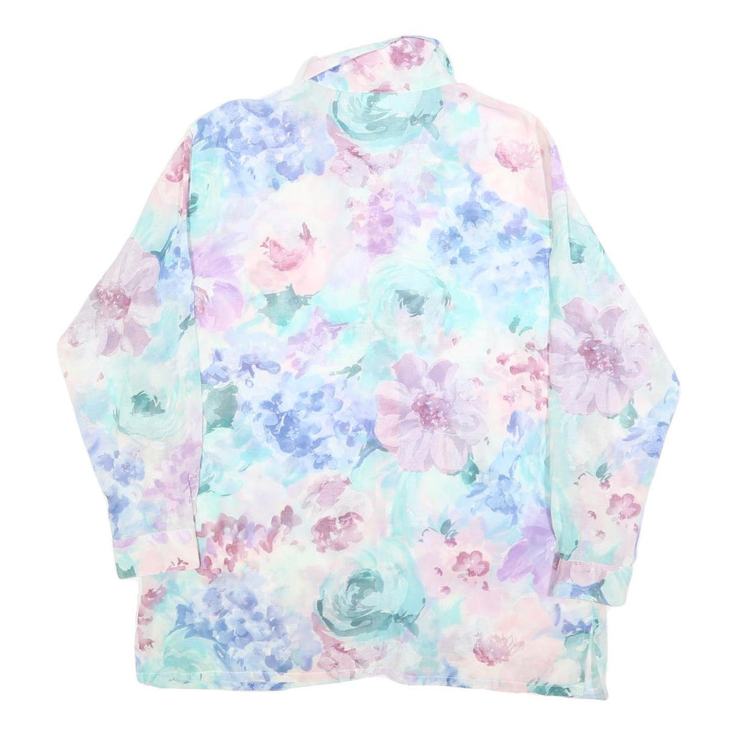 KORET Womens Pastel Blue & Pink Floral Shirt Long Sleeve Collared L Blouse