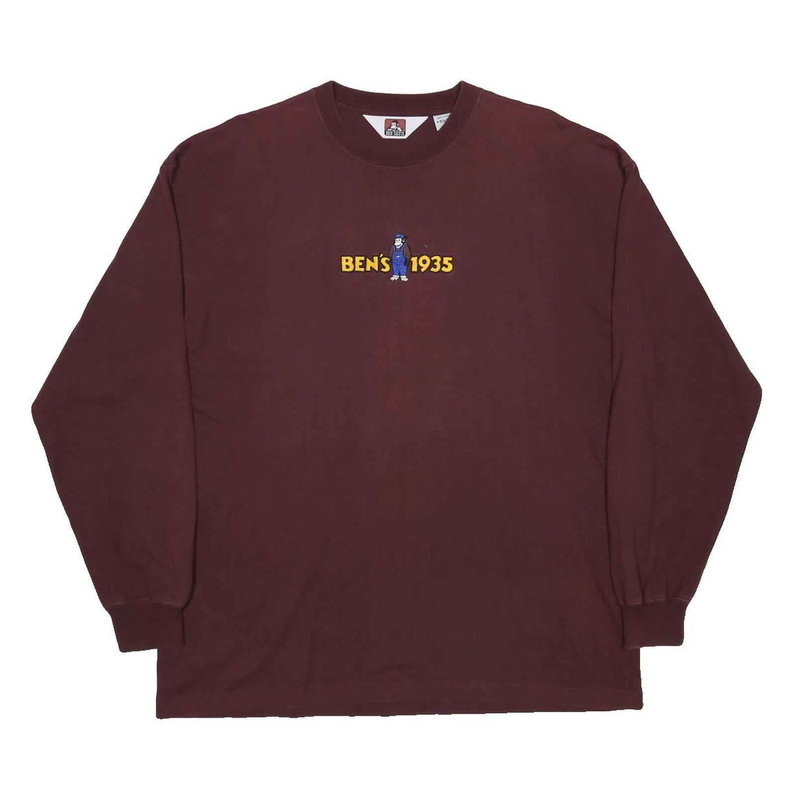 BEN DAVIS Mens Maroon Graphic Long Sleeve Crew Neck Cotton T-Shirt M Embroidered