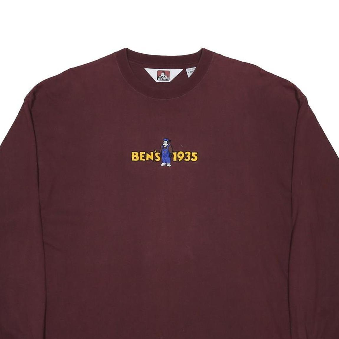 BEN DAVIS Mens Maroon Graphic Long Sleeve Crew Neck Cotton T-Shirt M Embroidered