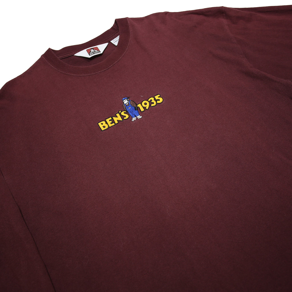 BEN DAVIS Mens Maroon Graphic Long Sleeve Crew Neck Cotton T-Shirt M Embroidered