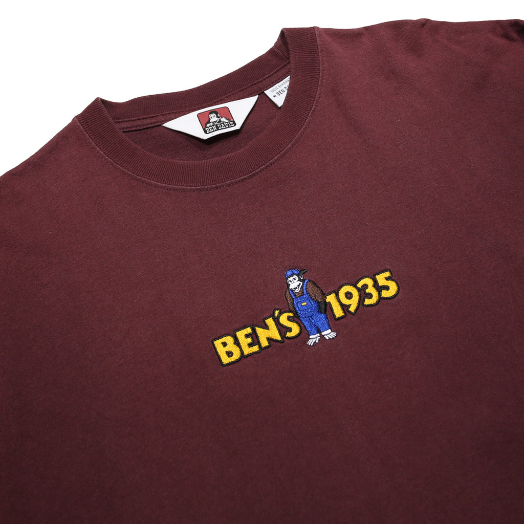 BEN DAVIS Mens Maroon Graphic Long Sleeve Crew Neck Cotton T-Shirt M Embroidered