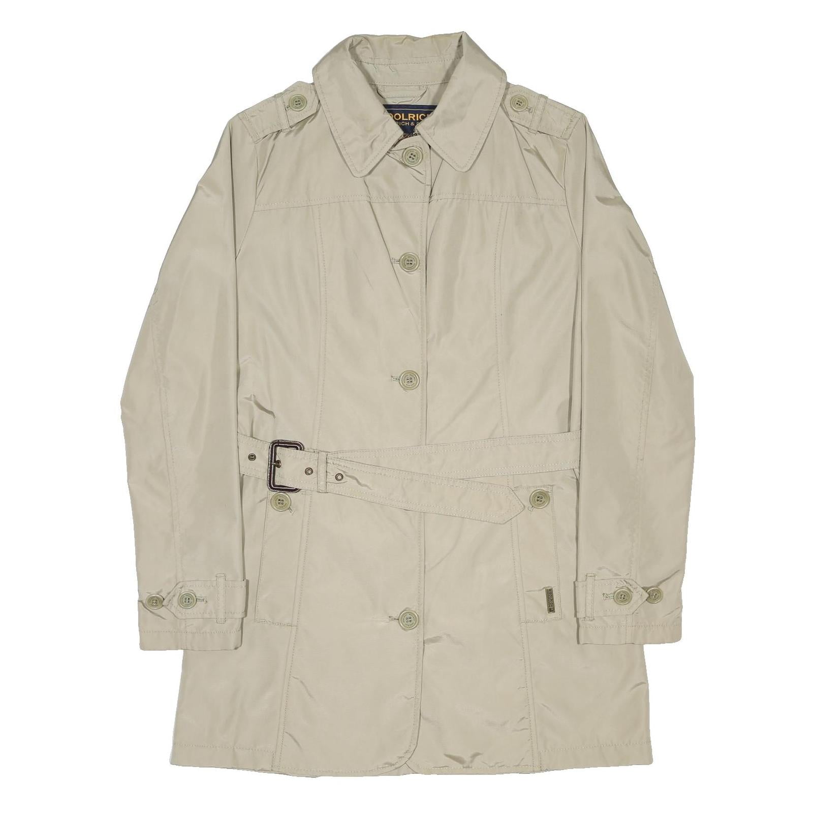WOOLRICH Womens Beige Lightweight Belted Trench Coat S Nylon Plain Zip Classic