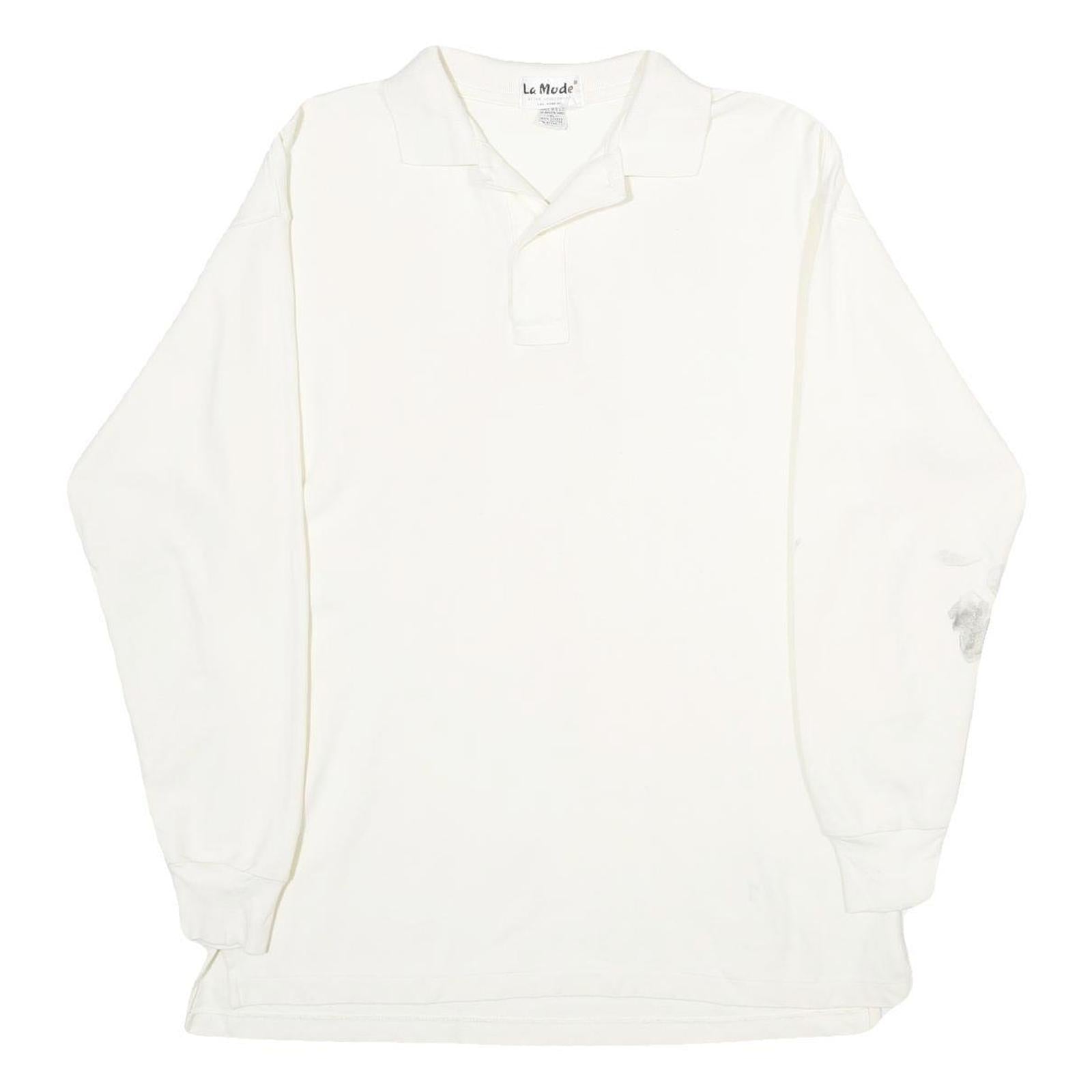 LA MODE Mens White Long Sleeve Plain XL Cotton Polo Shirt Casual Basic