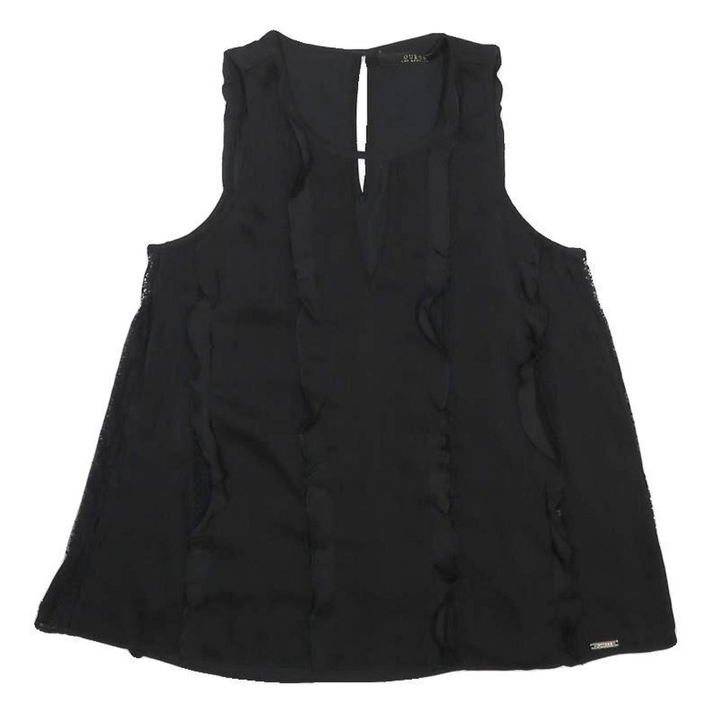 GUESS Womens Black Sleeveless V-Neck Printed Top S Ruffle Detail Summer