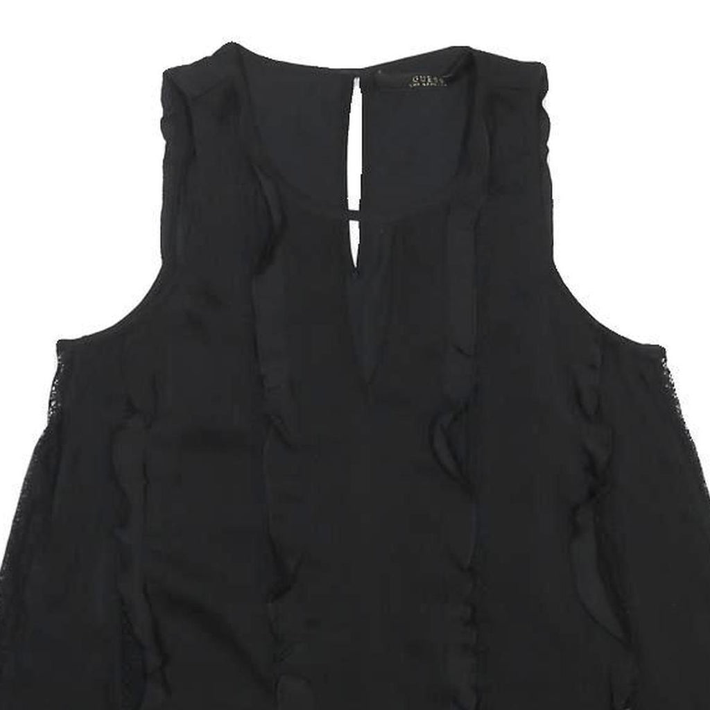 GUESS Womens Black Sleeveless V-Neck Printed Top S Ruffle Detail Summer