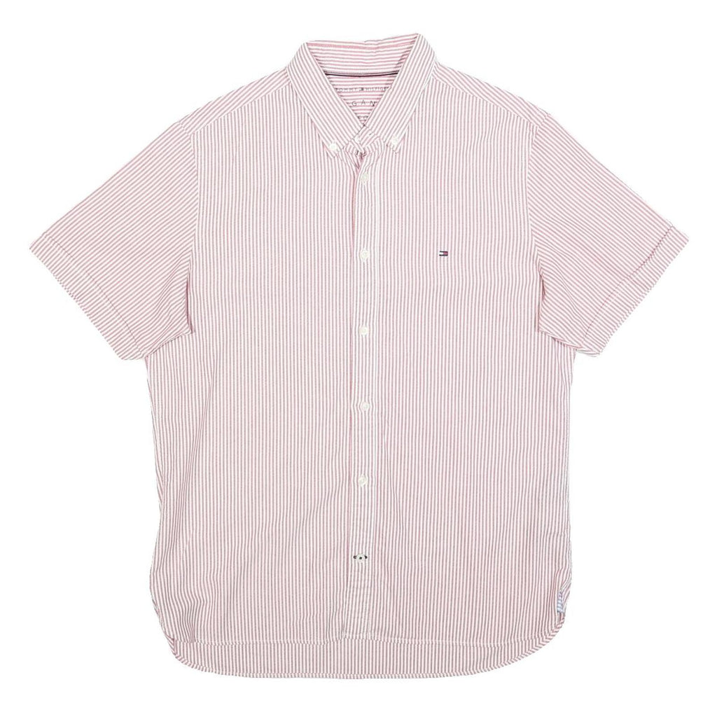 TOMMY HILFIGER Mens Red & White Striped Short Sleeve Shirt L Classic Button-Down