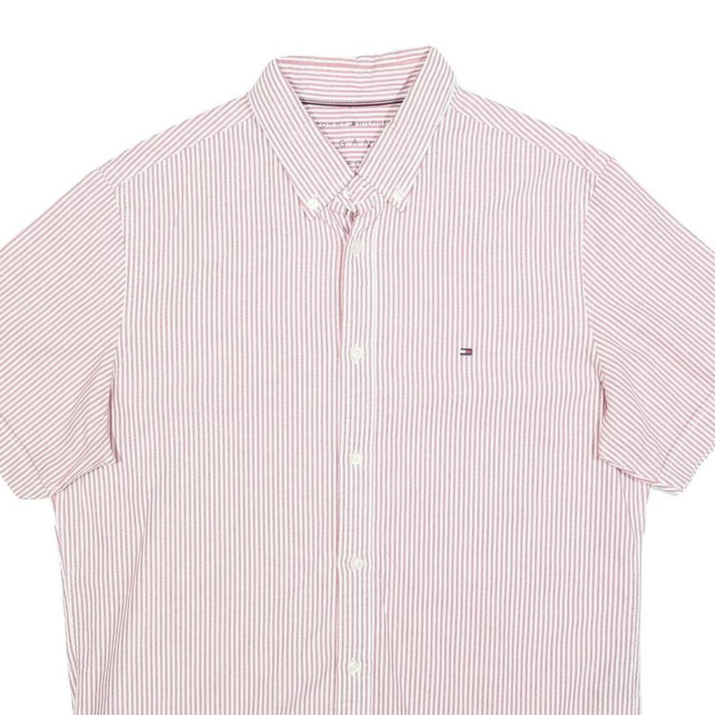 TOMMY HILFIGER Mens Red & White Striped Short Sleeve Shirt L Classic Button-Down