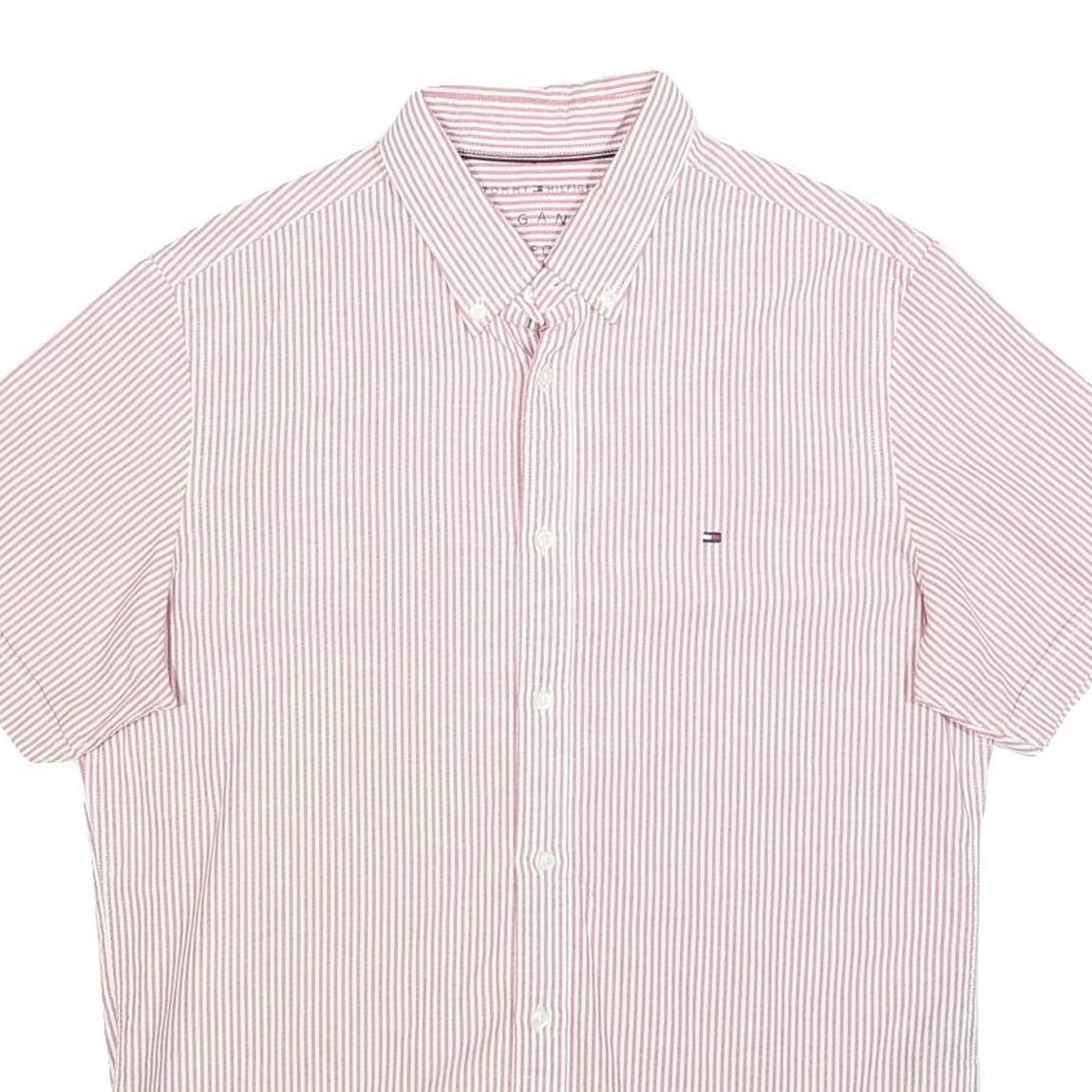TOMMY HILFIGER Mens Red & White Striped Short Sleeve Shirt L Classic Button-Down