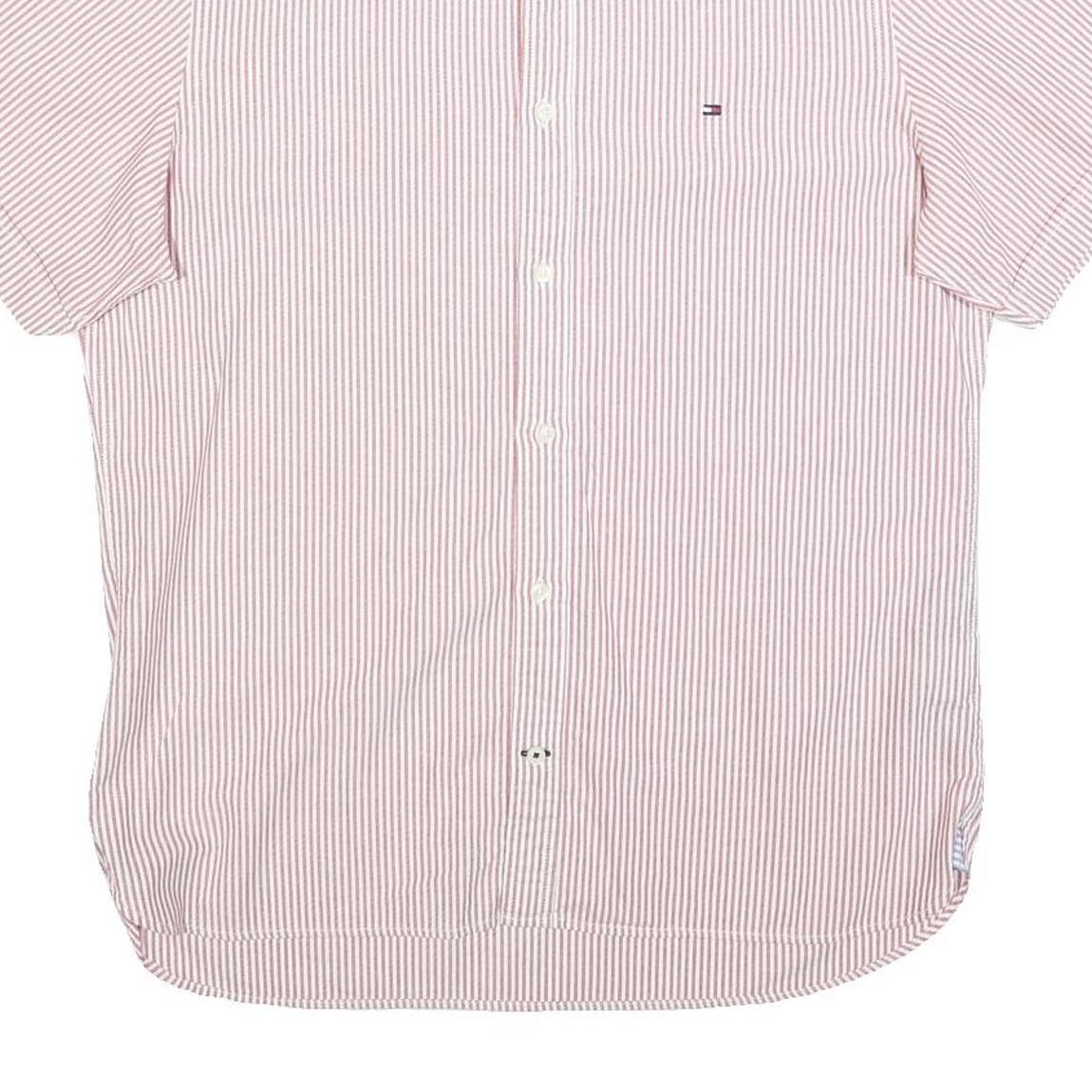 TOMMY HILFIGER Mens Red & White Striped Short Sleeve Shirt L Classic Button-Down