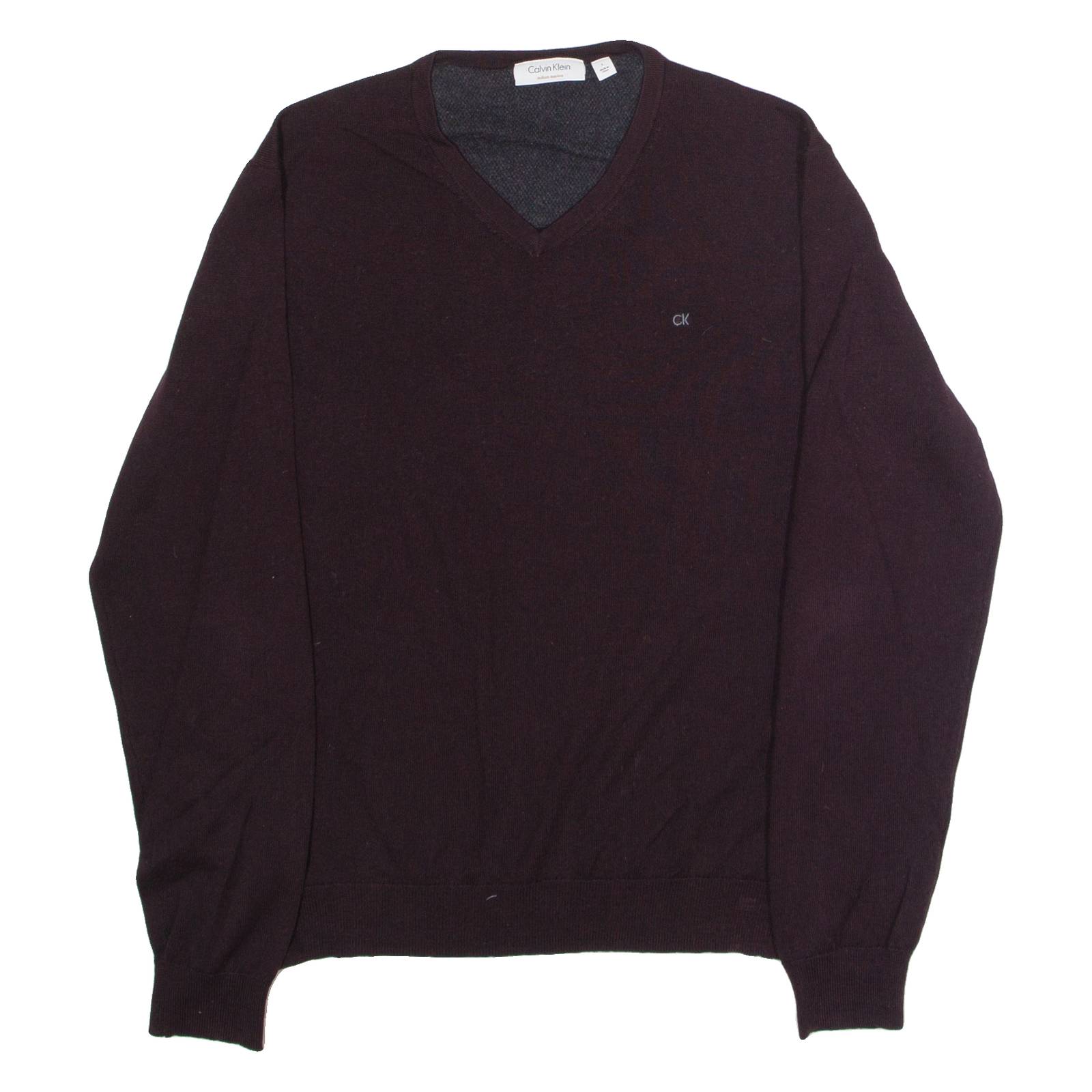 CALVIN KLEIN Mens Jumper Maroon V-Neck Tight Knit Wool L