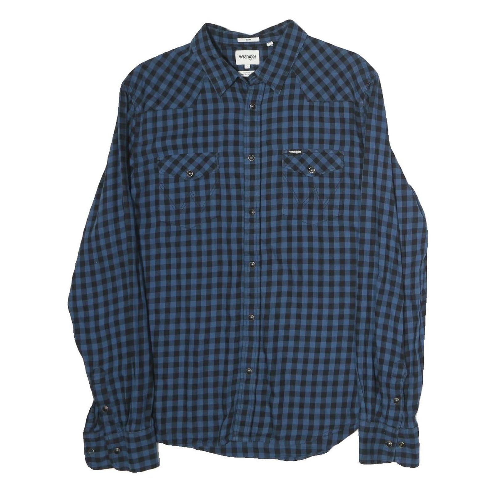 WRANGLER Mens Blue & Black Checked Shirt L Casual Cotton Long Sleeve Button