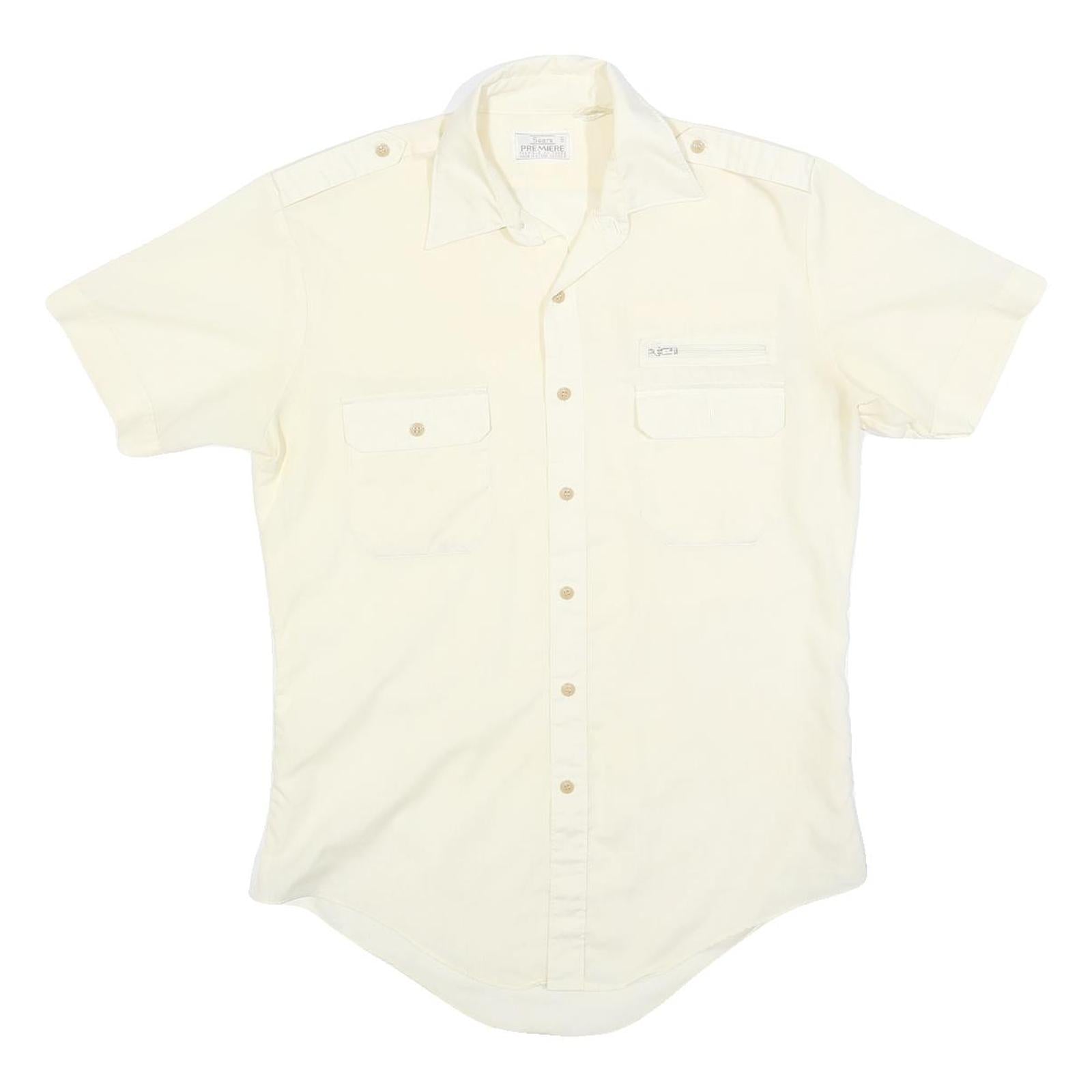 SEARS Mens Cream Short Sleeve Shirt Polyester Blend M Casual Utility Button Down