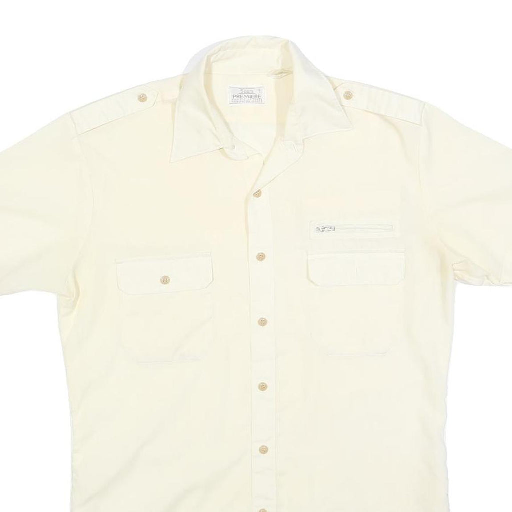 SEARS Mens Cream Short Sleeve Shirt Polyester Blend M Casual Utility Button Down