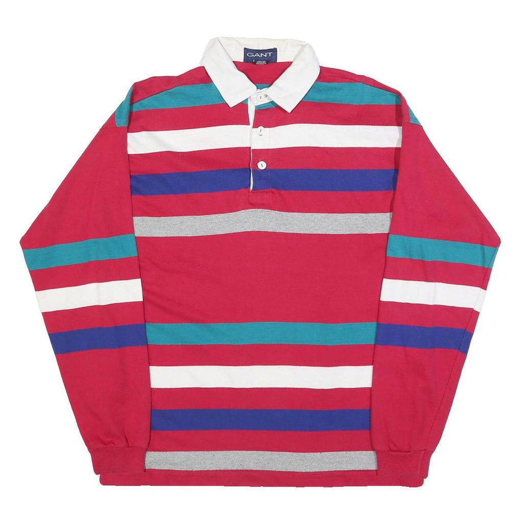 GANT Mens Red & Blue Striped Long Sleeve Polo Shirt L Cotton Blend Casual