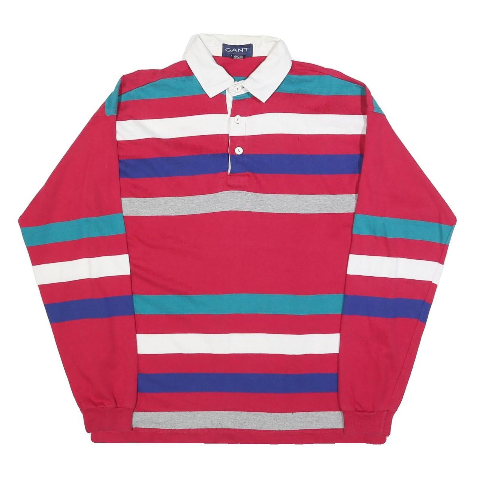 GANT Mens Red & Blue Striped Long Sleeve Polo Shirt L Cotton Blend Casual