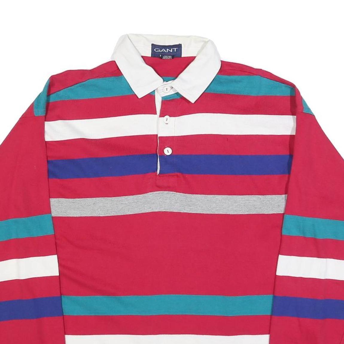 GANT Mens Red & Blue Striped Long Sleeve Polo Shirt L Cotton Blend Casual