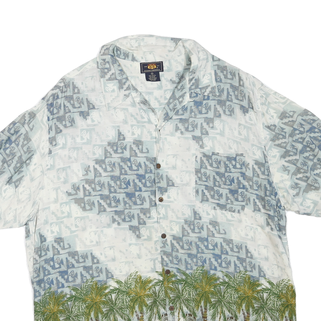 ROUTE 66 Mens White & Blue Rayon Hawaiian Shirt XL Tropical Palm Print Casual