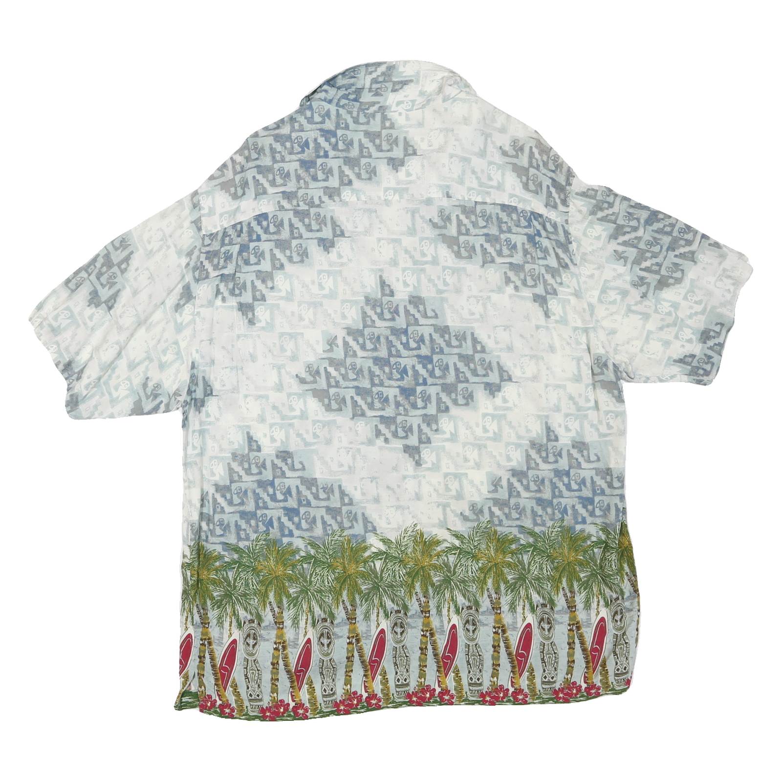 ROUTE 66 Mens White & Blue Rayon Hawaiian Shirt XL Tropical Palm Print Casual