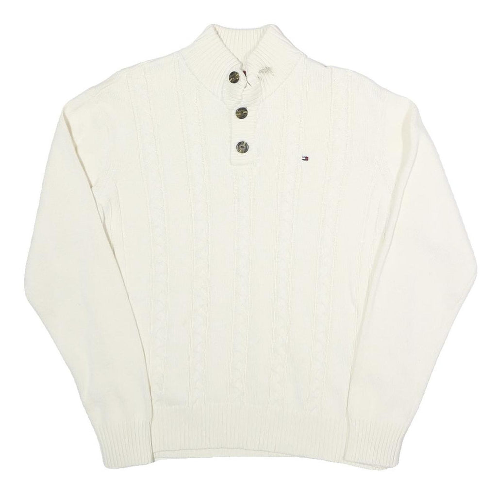 TOMMY HILFIGER Womens White Cable Knit Cotton Pullover Roll Neck Jumper L Button