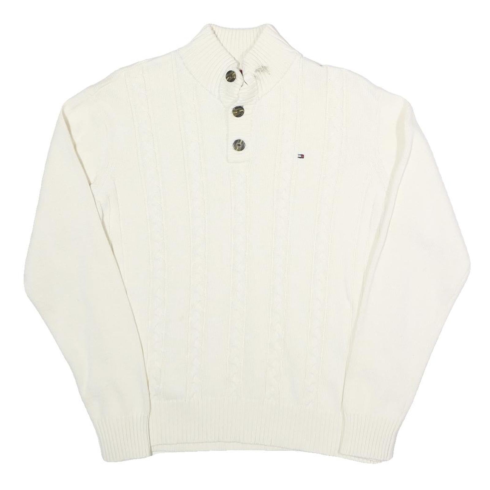 TOMMY HILFIGER Womens White Cable Knit Cotton Pullover Roll Neck Jumper L Button