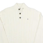TOMMY HILFIGER Womens White Cable Knit Cotton Pullover Roll Neck Jumper L Button