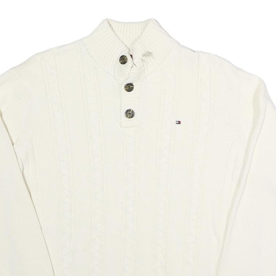 TOMMY HILFIGER Womens White Cable Knit Cotton Pullover Roll Neck Jumper L Button