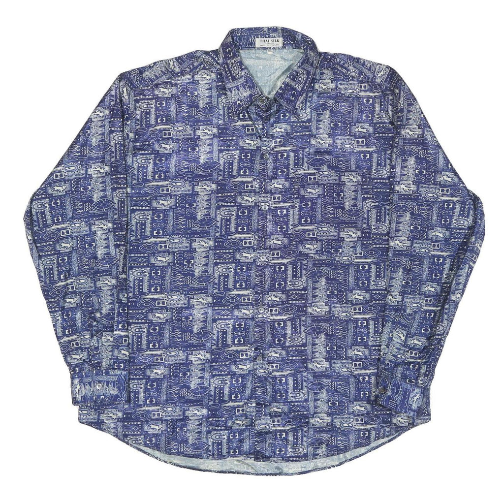 Mens Blue Printed Casual Shirt 3XL Lightweight Polyester Blend Relaxed Fit