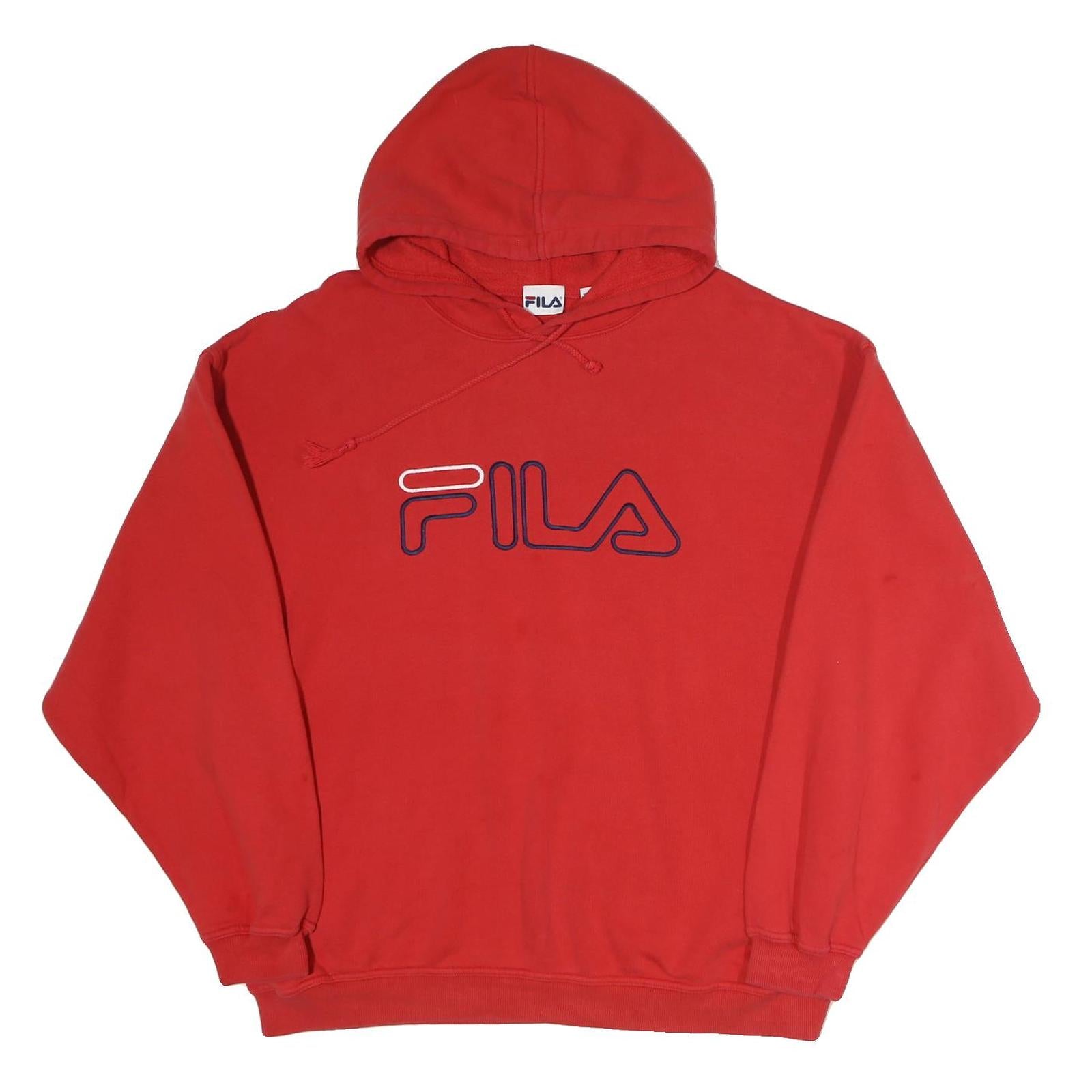 FILA Mens Red Cotton Hoodie L Pullover Logo Sweatshirt Casual