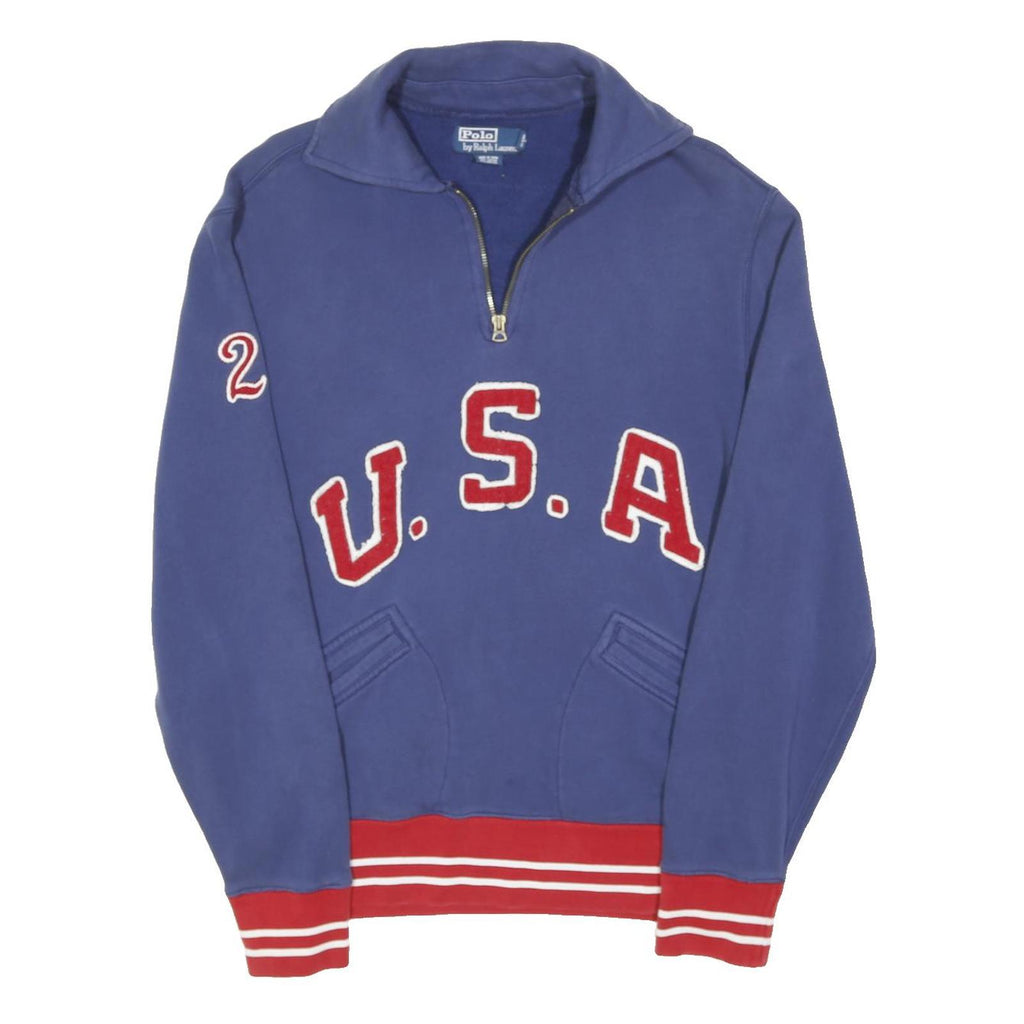 POLO RALPH LAUREN Mens Blue USA 1/4 Zip M Sweatshirt Cotton Blend Sporty Style