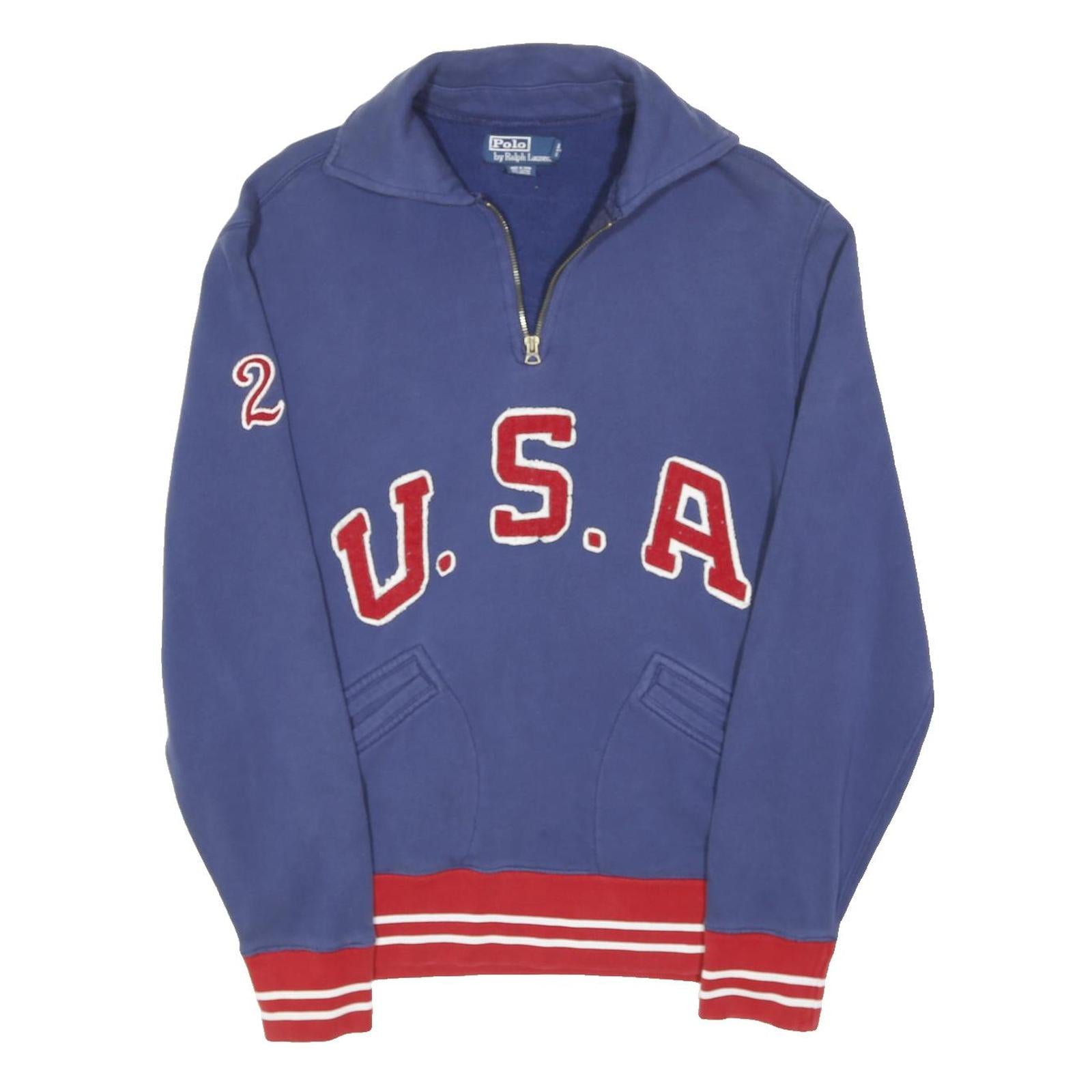 POLO RALPH LAUREN Mens Blue USA 1/4 Zip M Sweatshirt Cotton Blend Sporty Style