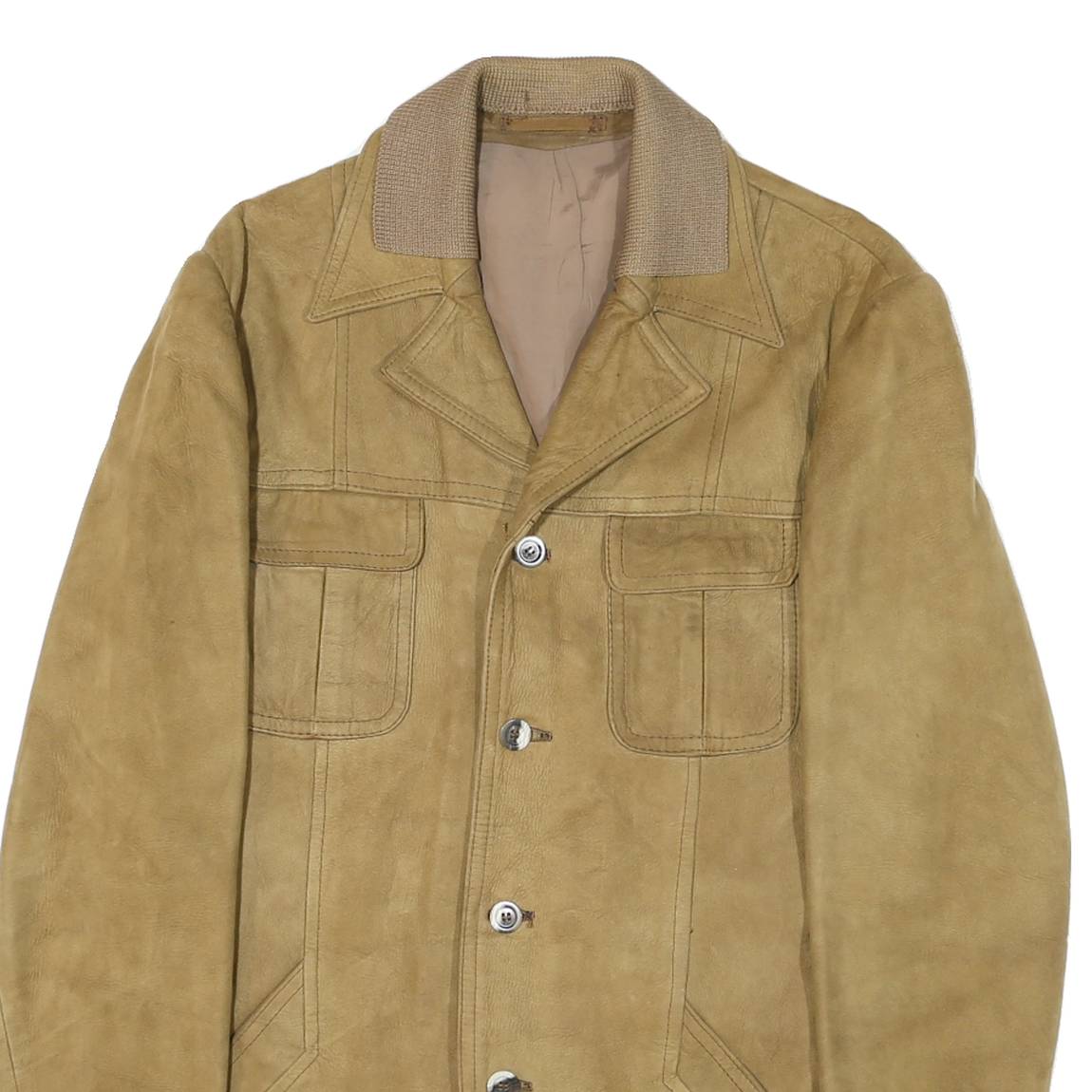 Mens Beige Leather Coach Jacket S Button Closure Plain Relaxed Fit Pockets Point