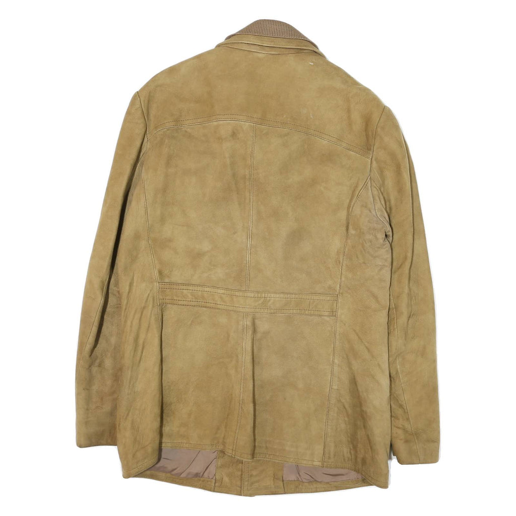 Mens Beige Leather Coach Jacket S Button Closure Plain Relaxed Fit Pockets Point