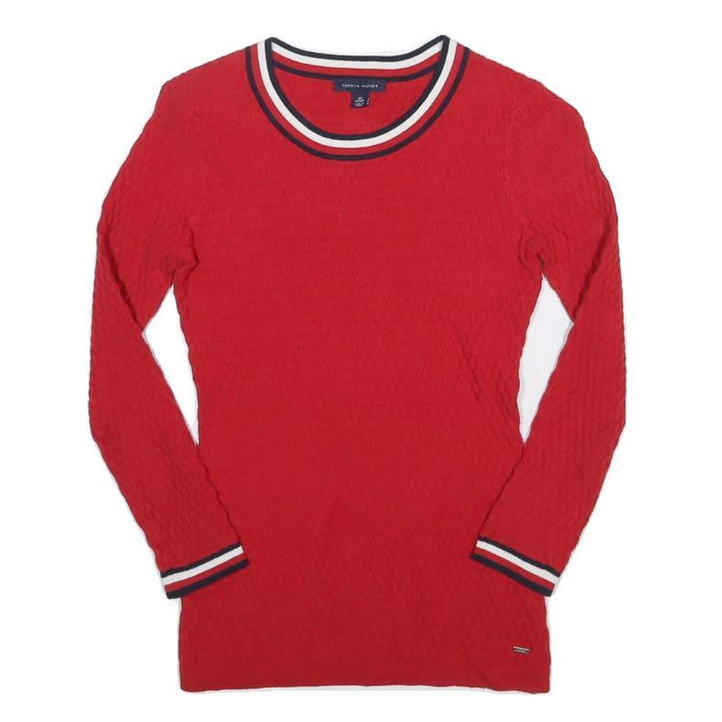 TOMMY HILFIGER Womens Red Plain Crew Neck Basic Knit Jumper XS Cotton Blend