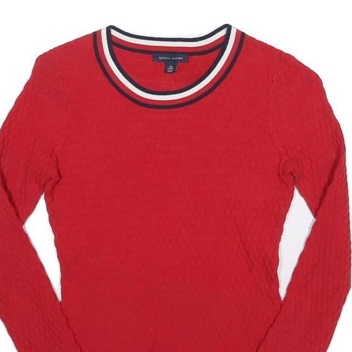 TOMMY HILFIGER Womens Red Plain Crew Neck Basic Knit Jumper XS Cotton Blend