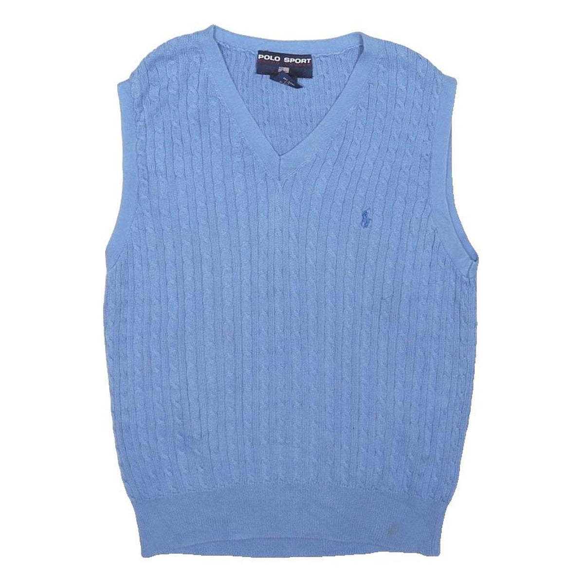 POLO SPORT RALPH LAUREN Womens Blue Cable Knit V-Neck Jumper L Sleeveless Cotton