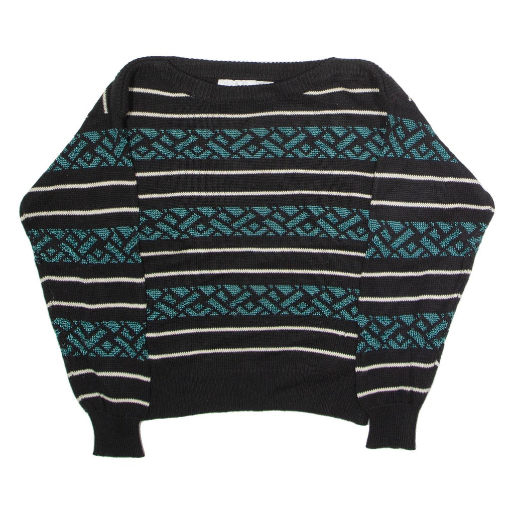 WEATHERVANE Womens Patterned Jumper Black Striped Crew Neck 90s L