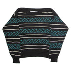 WEATHERVANE Womens Patterned Jumper Black Striped Crew Neck 90s L