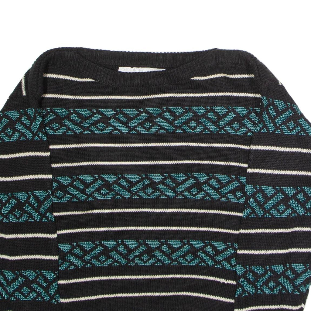 WEATHERVANE Womens Patterned Jumper Black Striped Crew Neck 90s L