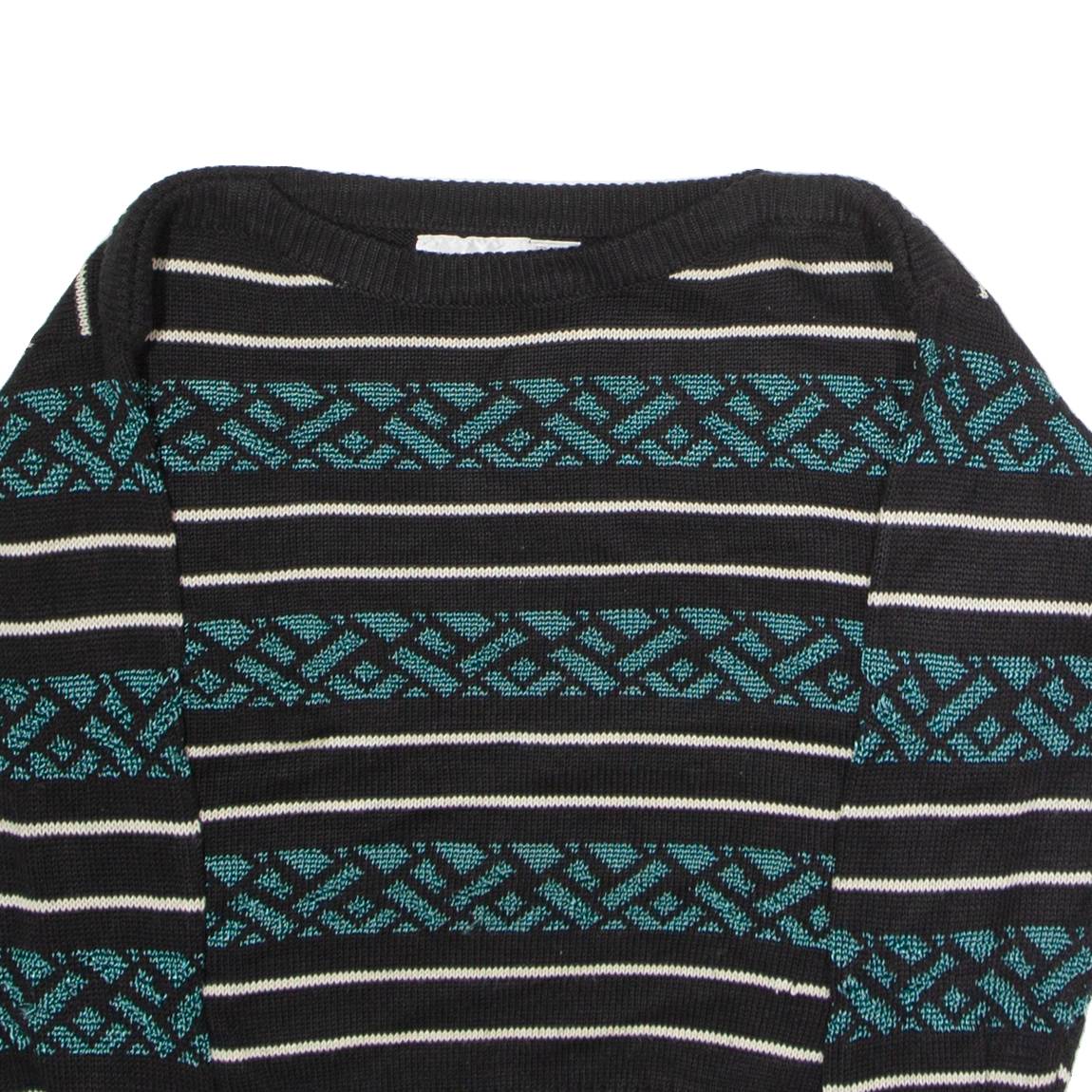 WEATHERVANE Womens Patterned Jumper Black Striped Crew Neck 90s L