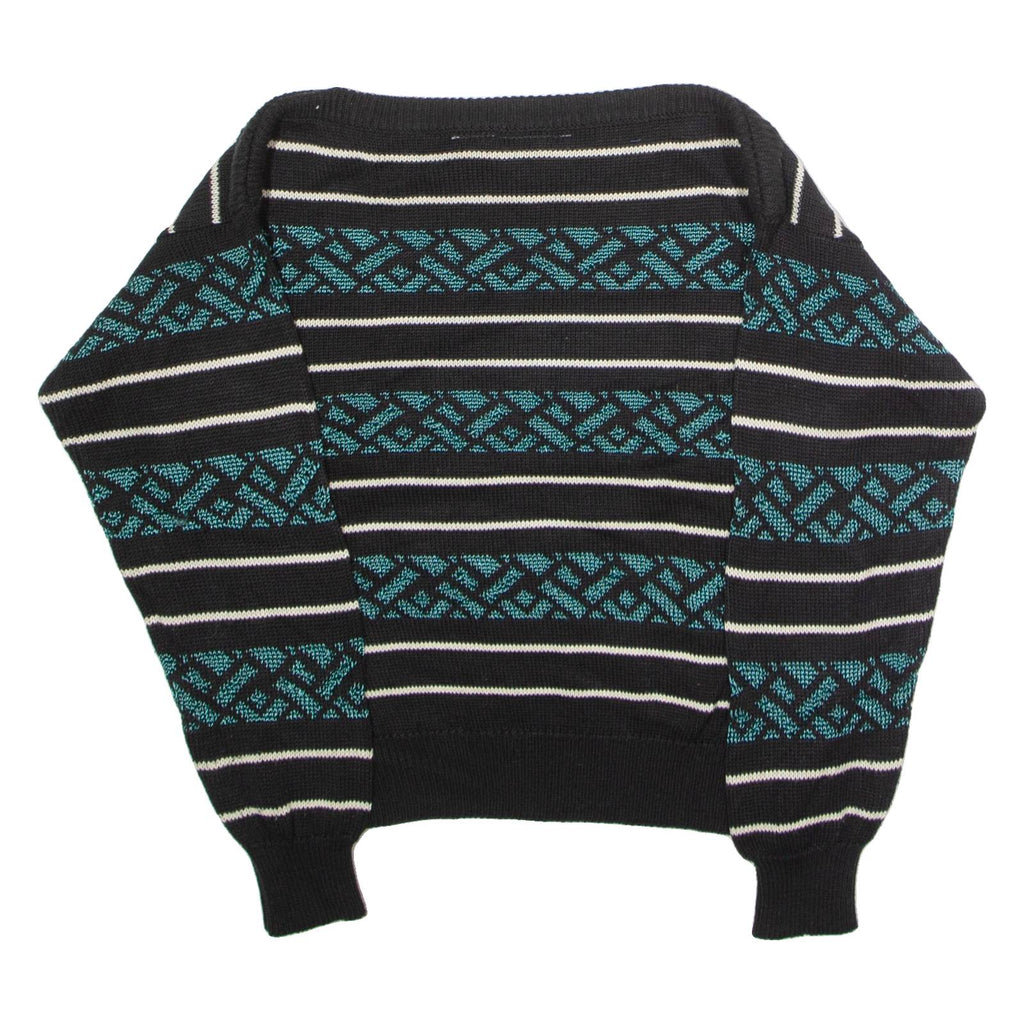 WEATHERVANE Womens Patterned Jumper Black Striped Crew Neck 90s L